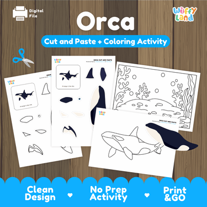 Orca Cut and Paste Craft and Coloring Activity Worksheets