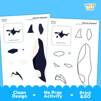 Orca Cut and Paste Craft and Coloring Activity Worksheets