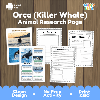 Orca Animal Research Page printable activity sheet set on a wood background, featuring worksheet pages and reference cards with orca photos and text fields. Brand logo 'Wiffy Land' appears in the top right, and 'Digital File' is shown in the top left.