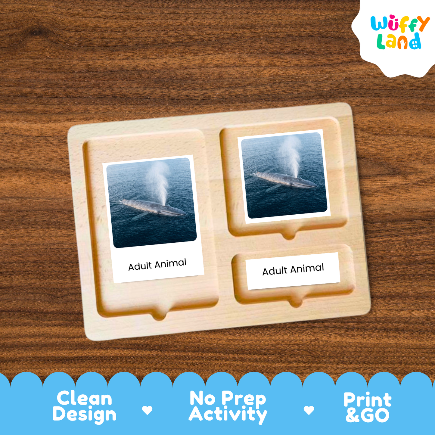 A wooden Montessori-style activity tray labeled 'Adult Animal' with two photo slots showing animal images, placed on a wood surface. The 'Wuffy Land' logo appears in the top right, and a blue banner at the bottom reads 'Clean Design', 'No Prep Activity', and 'Print & GO'.
