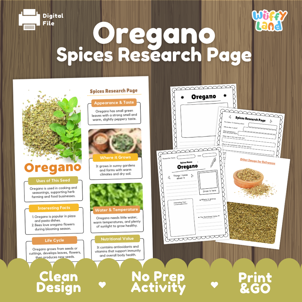 Digital preview of an 'Oregano Spices Research Page' educational worksheet set, featuring a main poster and two activity sheets on a wood-grain background with a green banner at the bottom.