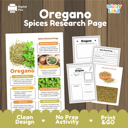 Digital preview of an 'Oregano Spices Research Page' educational worksheet set, featuring a main poster and two activity sheets on a wood-grain background with a green banner at the bottom.
