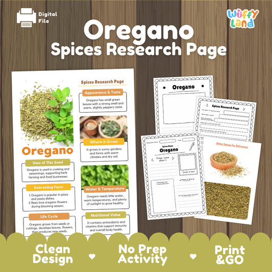 Digital preview of an 'Oregano Spices Research Page' educational worksheet set, featuring a main poster and two activity sheets on a wood-grain background with a green banner at the bottom.