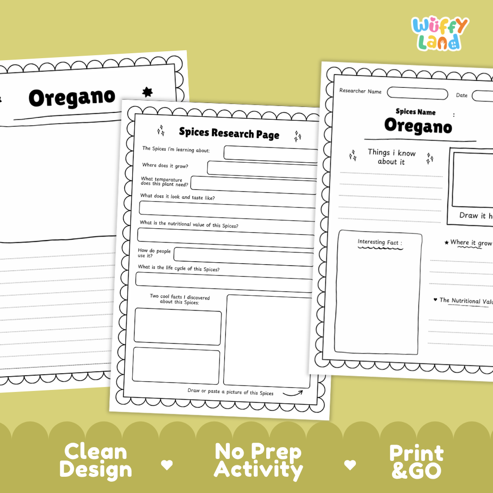 Three printable worksheet pages for learning about oregano spices are displayed on a pale yellow background with marketing text at the bottom. The pages are black-and-white activity sheets with fields for writing, drawing, and reading, and the brand name 'Wiffi Land' appears in the top right corner.