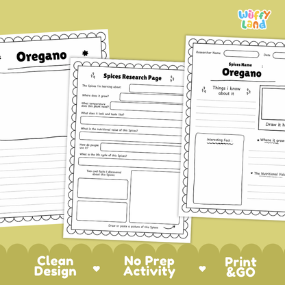 Three printable worksheet pages for learning about oregano spices are displayed on a pale yellow background with marketing text at the bottom. The pages are black-and-white activity sheets with fields for writing, drawing, and reading, and the brand name 'Wiffi Land' appears in the top right corner.