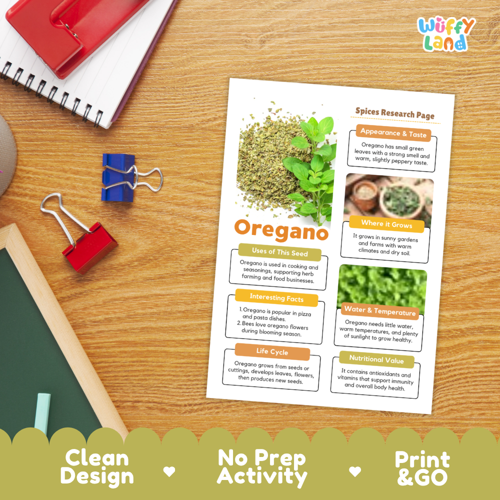An educational 'Spices Research Page' about Oregano printed on a white card, styled on a wooden desk with a red notebook, binder clips, and a scalloped green banner at the bottom reading 'Clean Design', 'No Prep Activity', and 'Print & GO'.