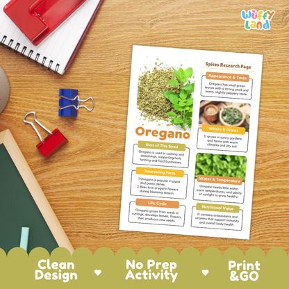 An educational 'Spices Research Page' about Oregano printed on a white card, styled on a wooden desk with a red notebook, binder clips, and a scalloped green banner at the bottom reading 'Clean Design', 'No Prep Activity', and 'Print & GO'.