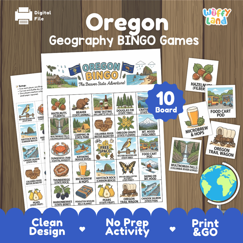 Oregon Geography BINGO Game Beaver State Activity Printable Boards