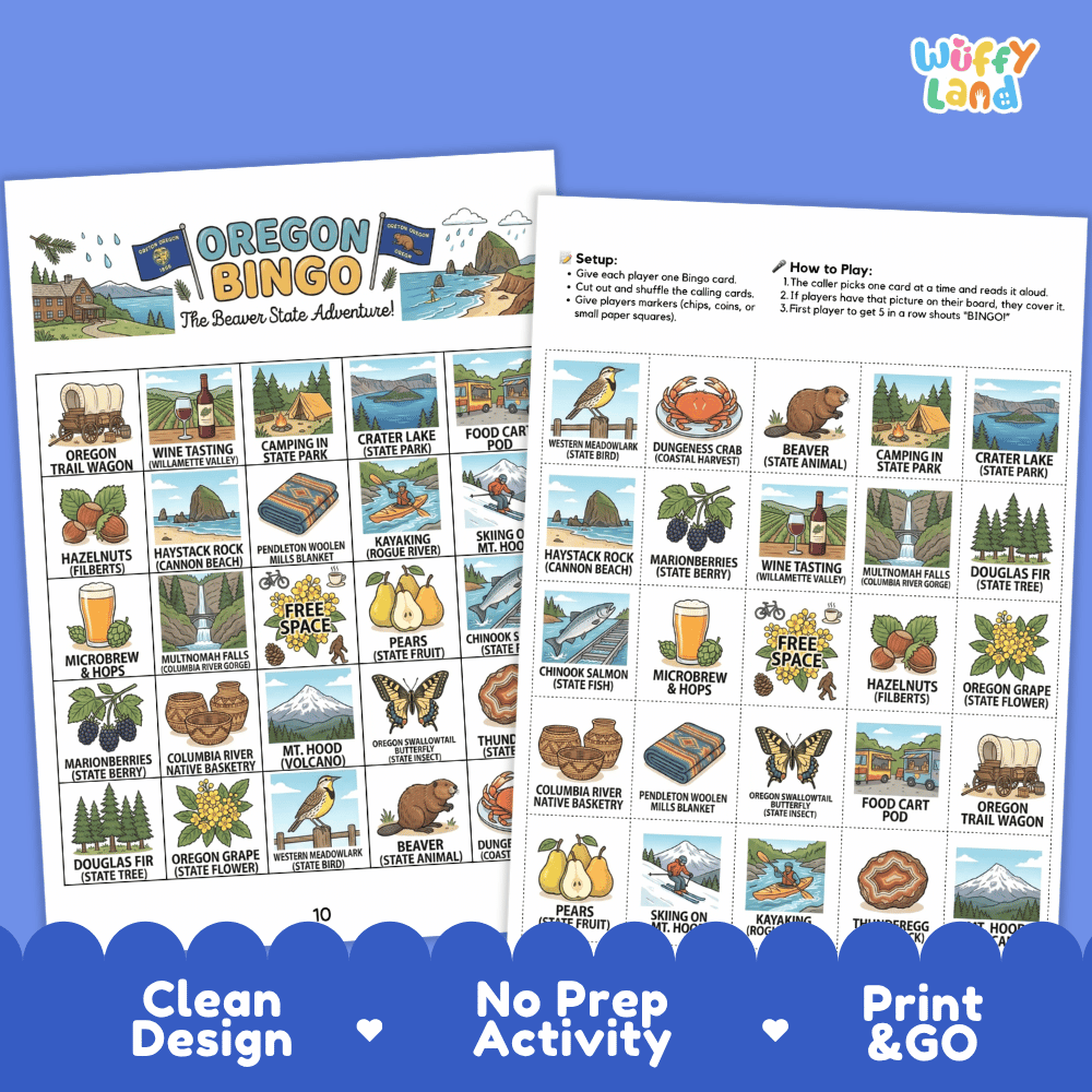 Oregon Geography BINGO Game Beaver State Activity Printable Boards
