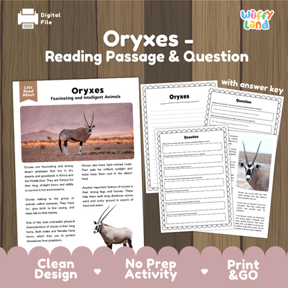 Oryxes Reading Passage and Comprehension Questions Worksheets with Answer Key