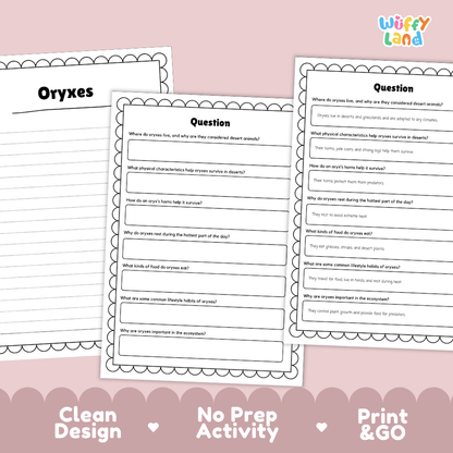 Three printable educational activity sheets for 'Oryxes' by Wiffly Land, displayed on a pink background with a 'Clean Design', 'No Prep Activity', and 'Print & GO' banner at the bottom.