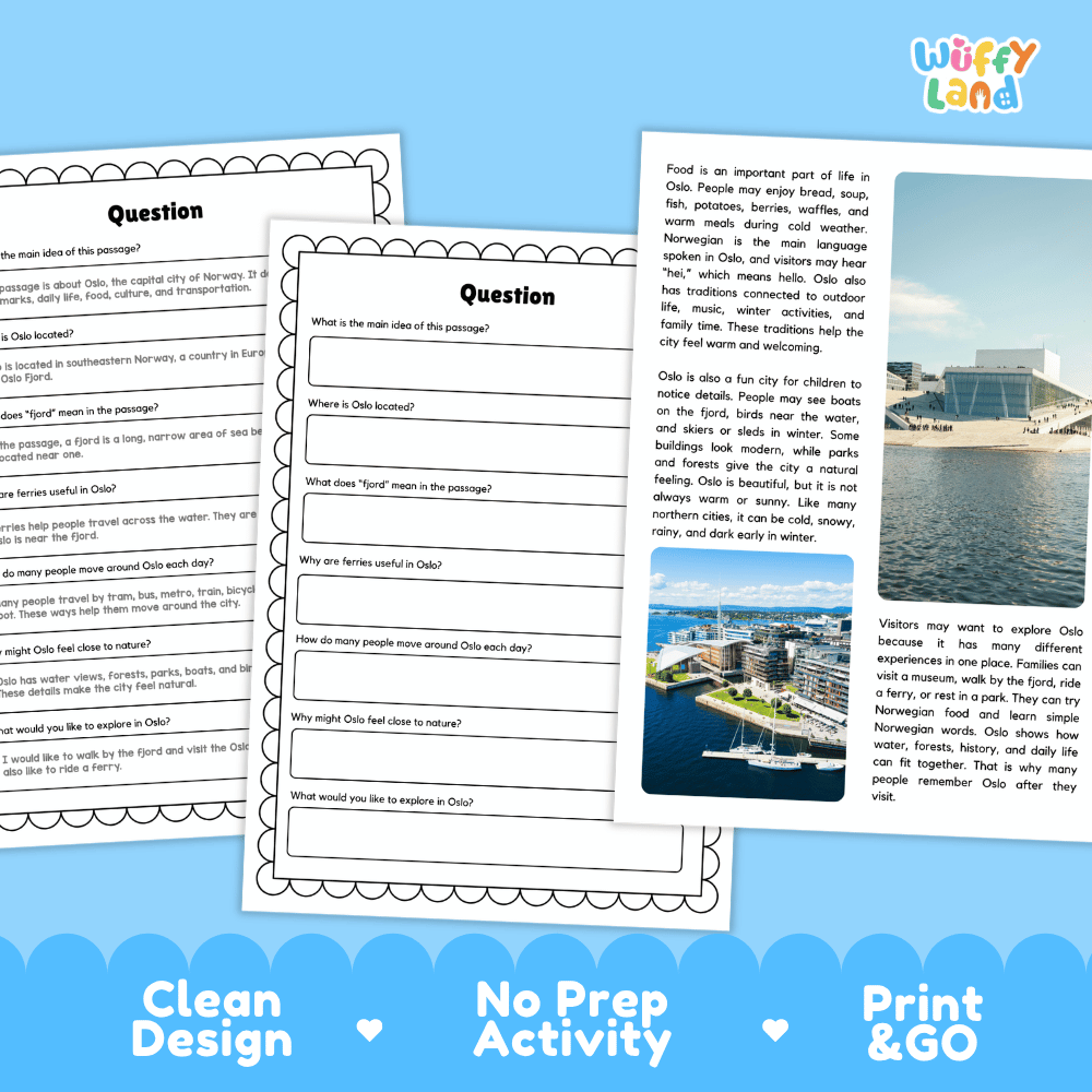 Student reading passage titled A City Near Nature detailing Oslo Norway Royal Palace Oslo Opera House Oslo Fjord and Nordic city photography
