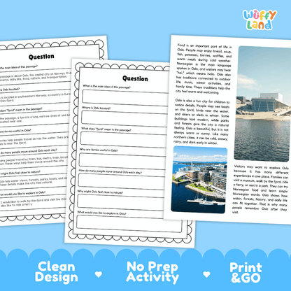 Student reading passage titled A City Near Nature detailing Oslo Norway Royal Palace Oslo Opera House Oslo Fjord and Nordic city photography