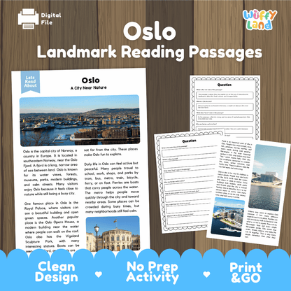 Oslo landmark reading passage and comprehension worksheet educational unit featuring nonfiction text and authentic Norwegian fjord and harbor city photography