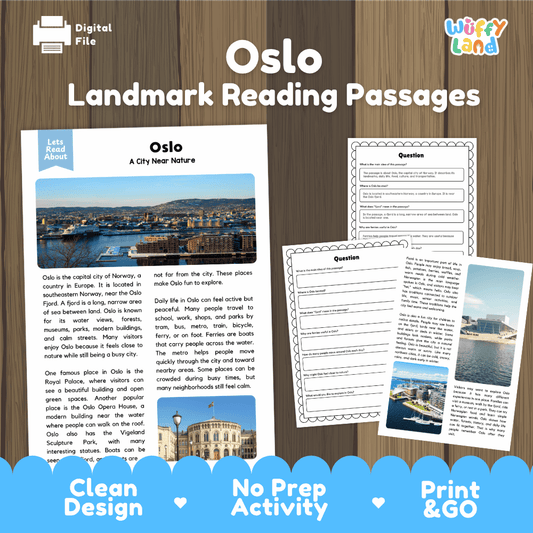 Oslo landmark reading passage and comprehension worksheet educational unit featuring nonfiction text and authentic Norwegian fjord and harbor city photography