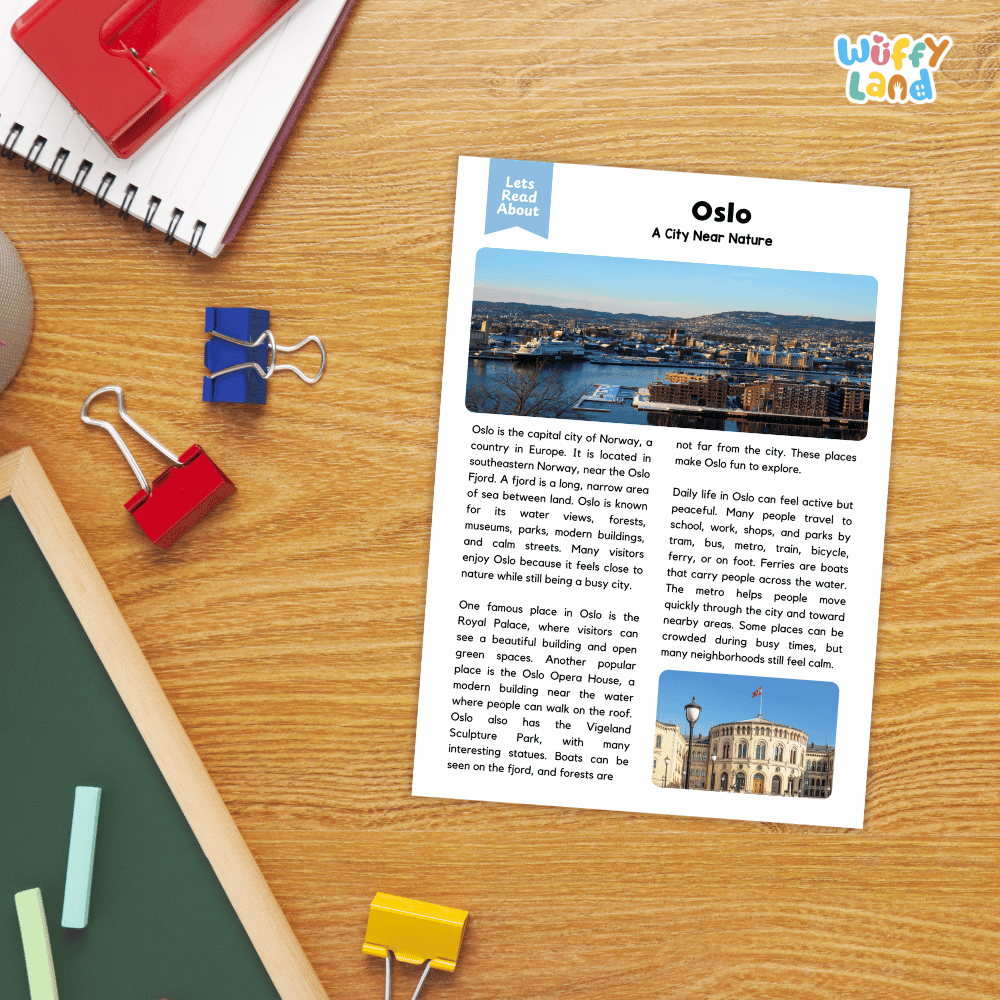 Lined reading comprehension question worksheet covering main ideas vocabulary terms and landmark facts about Oslo Norway