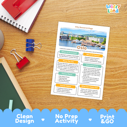 Oslo Norway City Research Project Activity Worksheets and Fact Sheet