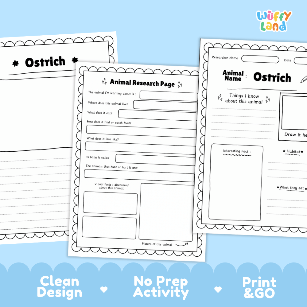 Three printable educational activity sheets for learning about ostriches, displayed on a light blue background with promotional text at the bottom. The sheets include writing and research pages with black text and outlines on white paper, and the brand name 'Wiffy Land' is visible in the top right corner.