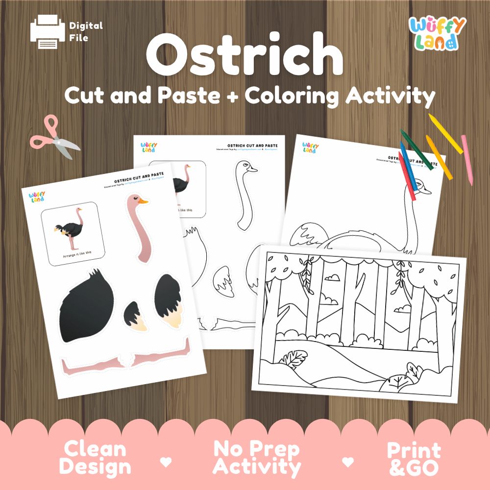 Ostrich Cut and Paste Craft and Coloring Activity Worksheets