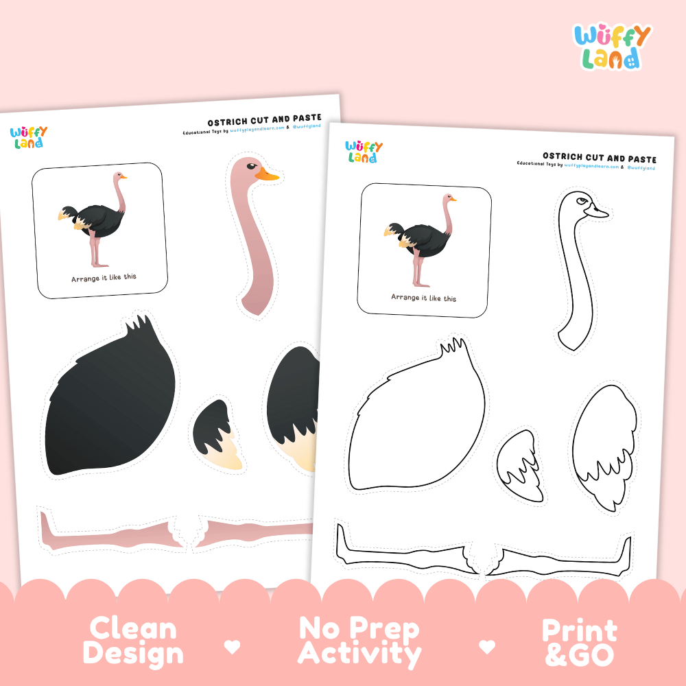 Ostrich Cut and Paste Craft and Coloring Activity Worksheets