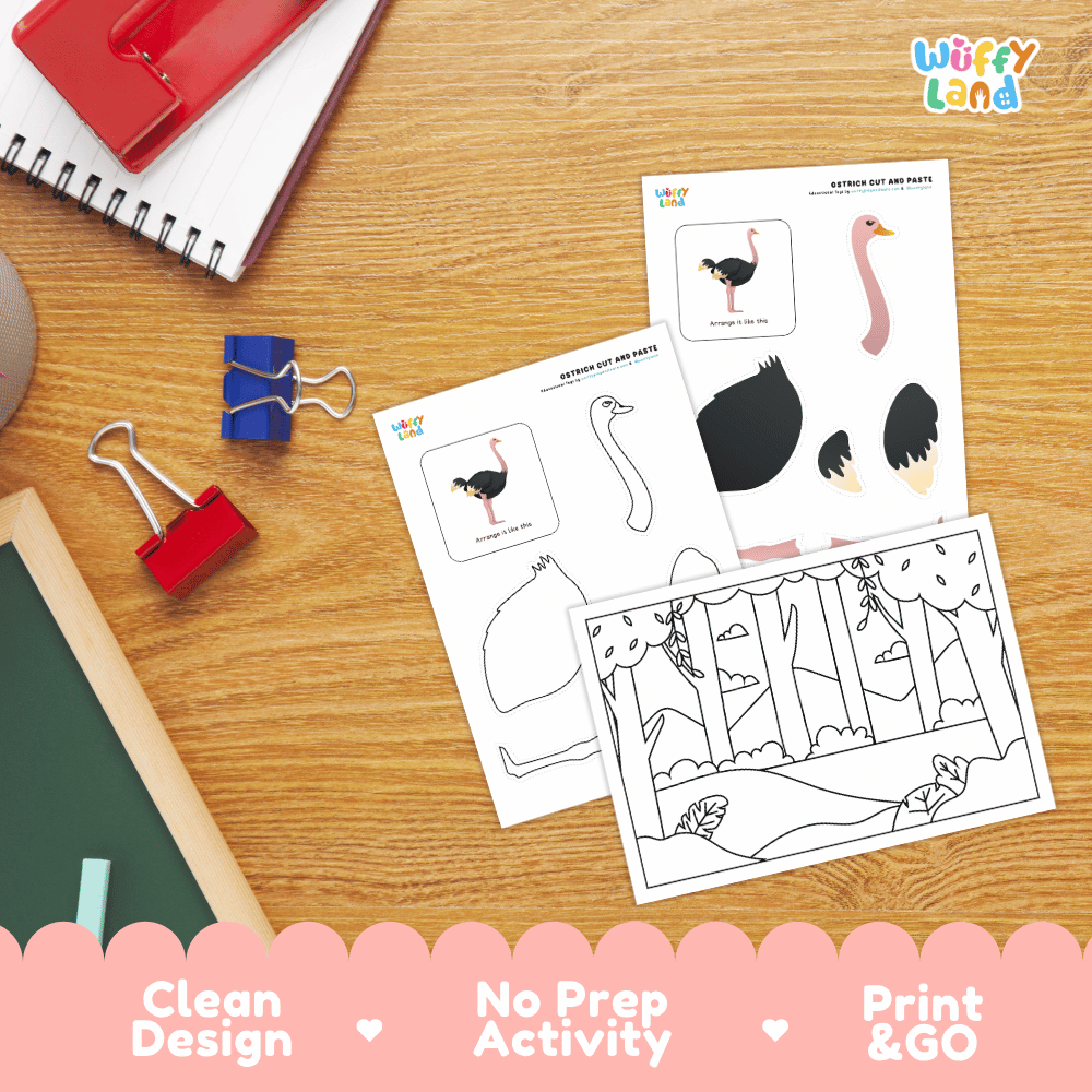Ostrich Cut and Paste Craft and Coloring Activity Worksheets