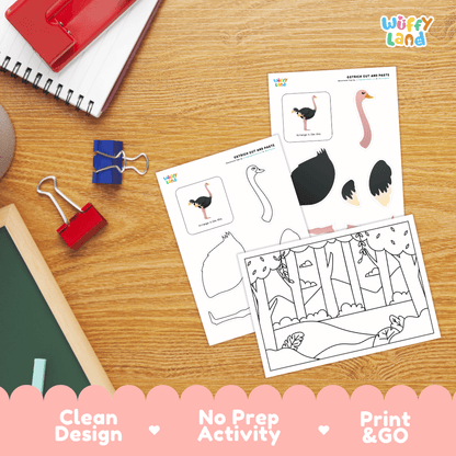 Ostrich Cut and Paste Craft and Coloring Activity Worksheets