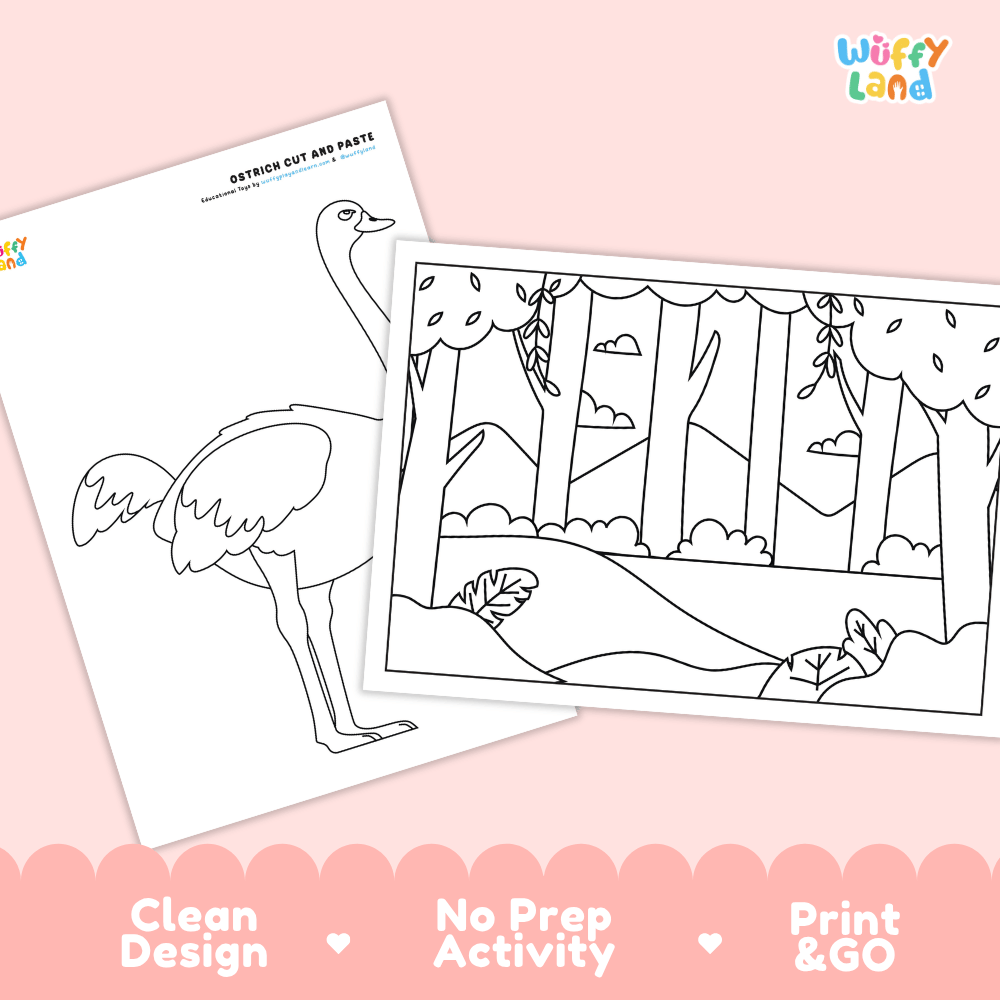 Ostrich Cut and Paste Craft and Coloring Activity Worksheets