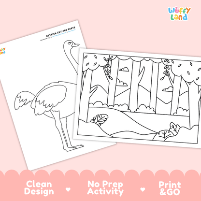 Ostrich Cut and Paste Craft and Coloring Activity Worksheets