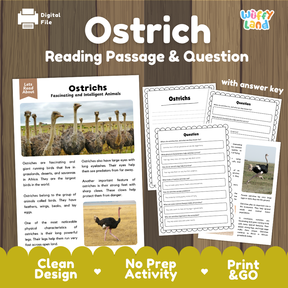 Digital reading activity product titled 'Ostrich Reading Passage & Question' on a wood background, showing printable pages with an ostrich passage, worksheet questions, and an answer key. Brand logo 'Wiffly Land' appears in the top right.