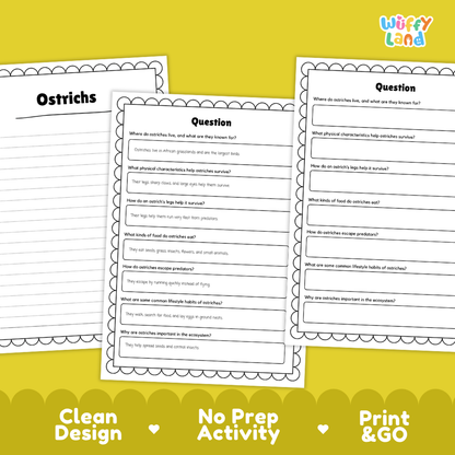 Three printable educational activity sheets about ostriches arranged on a bright yellow background. The sheets are white with black text and decorative scalloped borders.