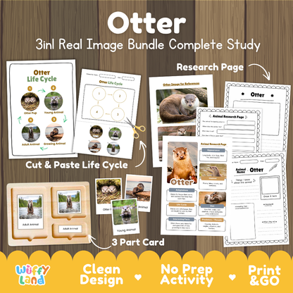 Otter 3-in-1 real image bundle complete study cover showing cut and paste life cycle, 3 part cards, and research pages