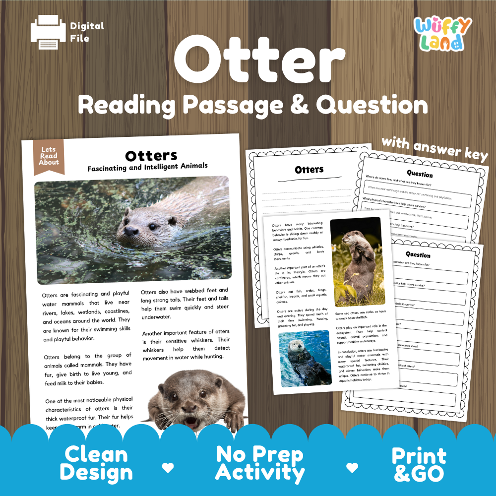 Digital reading activity product cover for 'Otter Reading Passage & Question' by Wiffy Land, showing sample worksheet pages with otter photos and text, on a wood background with promotional text at the bottom.