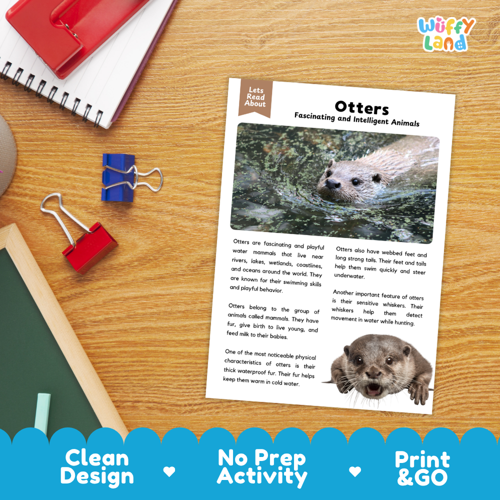 An educational reading activity sheet titled 'Otters Fascinating and Intelligent Animals' displayed on a wooden desk. The sheet features text and animal photos, styled with school supplies like a spiral notebook, red binder clips, and a red folder on a light wood background.