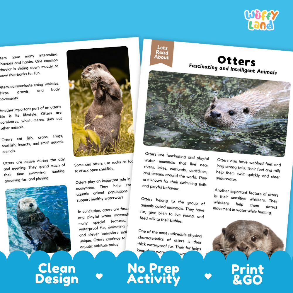 Two printed educational activity sheets about otters, shown on a white background with decorative blue banners at the bottom. The sheets include text, a small reading header, and a photo of an otter.