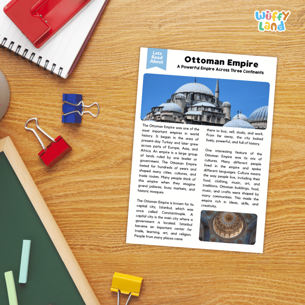 Lined reading comprehension question worksheet covering main ideas, vocabulary terms, and landmark facts about the Ottoman Empire