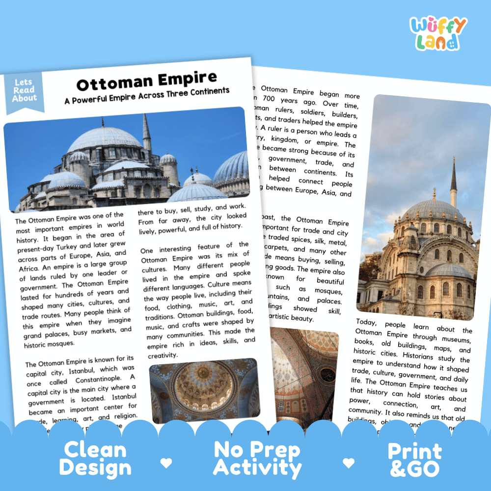 Reference sheet and answer key for Ottoman Empire landmark reading passage displaying completed comprehension answers and world history facts