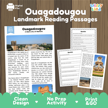 Ouagadougou landmark reading passage and comprehension worksheet educational unit featuring nonfiction text and authentic Burkina Faso Heroes Monument photography