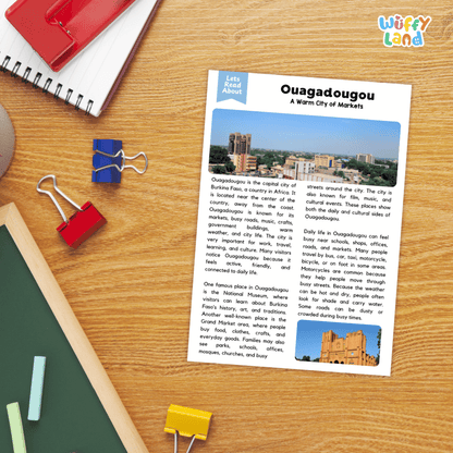 Lined reading comprehension question worksheet covering main ideas vocabulary terms and landmark facts about Ouagadougou Burkina Faso