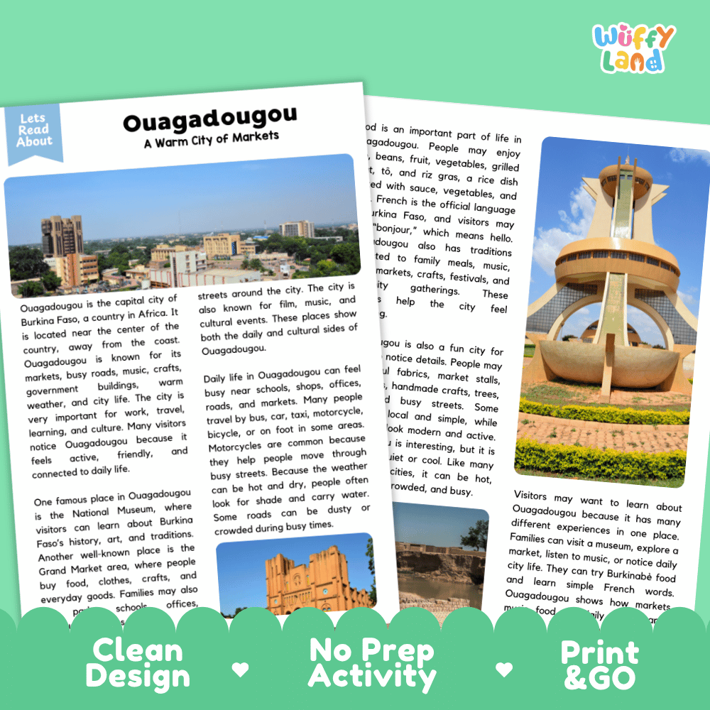 Reference sheet and answer key for Ouagadougou landmark reading passage displaying completed comprehension answers and West African geography facts