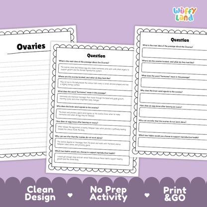 Informational reading passage page detailing human ovaries female reproductive system egg cells hormones and health habits with diagrams