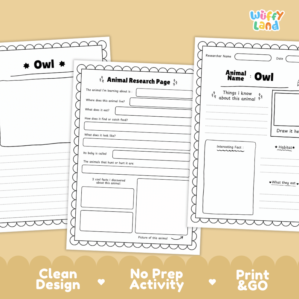 Three printable owl-themed worksheet pages shown on a warm beige background with promotional text at the bottom. The pages include fields for animal name, date, what the animal is learning about, food, habitat, and interesting facts, plus a drawing box.
