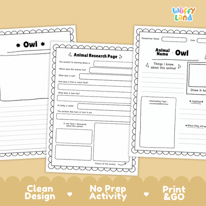 Three printable owl-themed worksheet pages shown on a warm beige background with promotional text at the bottom. The pages include fields for animal name, date, what the animal is learning about, food, habitat, and interesting facts, plus a drawing box.