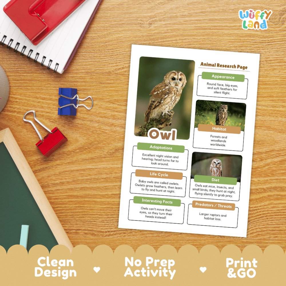 An educational printout titled 'Animal Research Page' about an owl, shown on a wooden desk with school supplies. The page includes a large owl photo, text boxes, and headings like 'Appearance,' 'Habitat,' 'Adaptations,' 'Life Cycle,' and 'Diet.