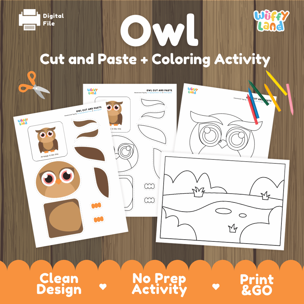 Owl Cut and Paste Craft and Coloring Activity Worksheets
