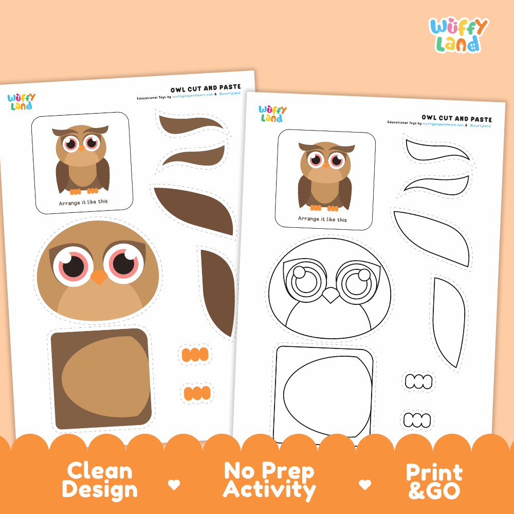 Owl Cut and Paste Craft and Coloring Activity Worksheets