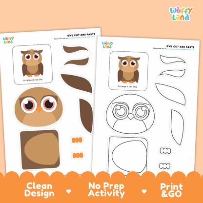 Owl Cut and Paste Craft and Coloring Activity Worksheets