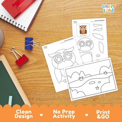 Owl Cut and Paste Craft and Coloring Activity Worksheets