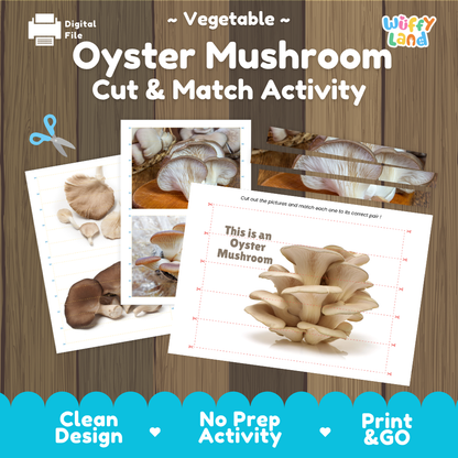 Oyster mushroom cut and match activity cover showing printable fine motor puzzle sheets and mushroom photographs