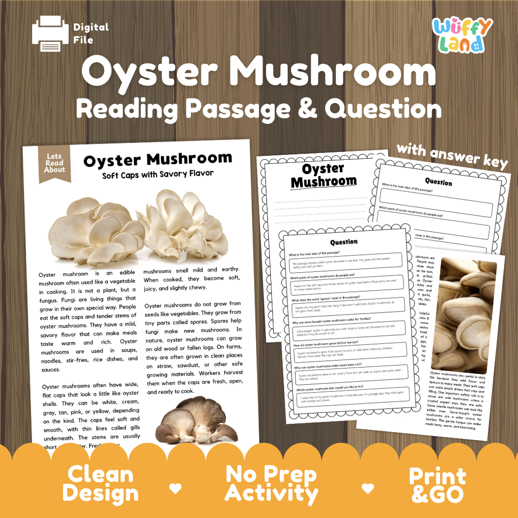 Oyster mushroom reading comprehension passage and questions printable activity pack with answer key for elementary students