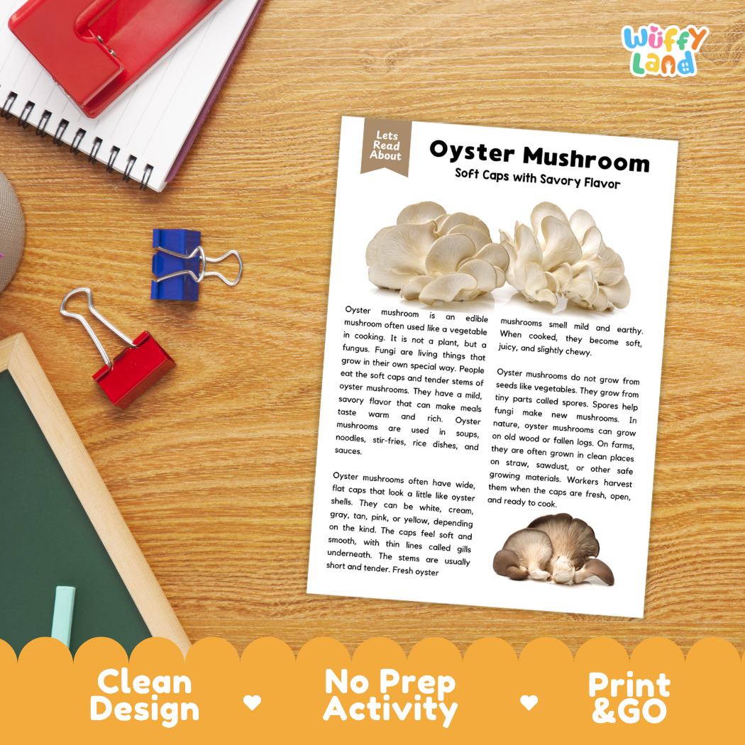 Student reading comprehension worksheet with short-answer questions and lined sections about oyster mushrooms